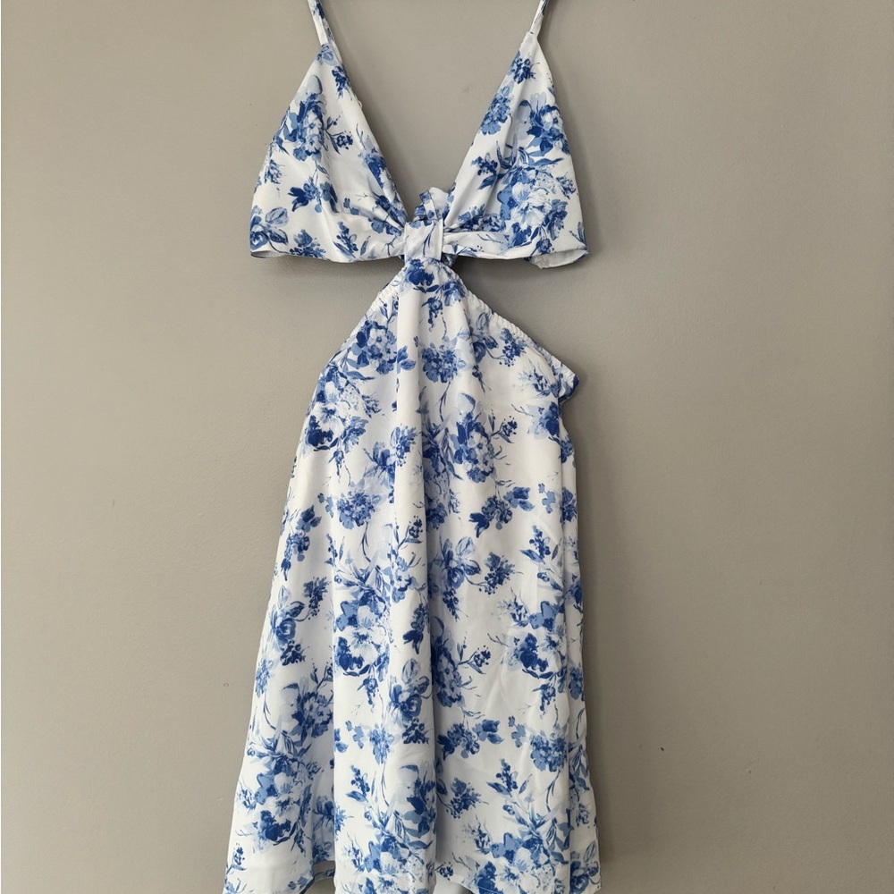 Blue and White Floral Cutout Dress - Size Small